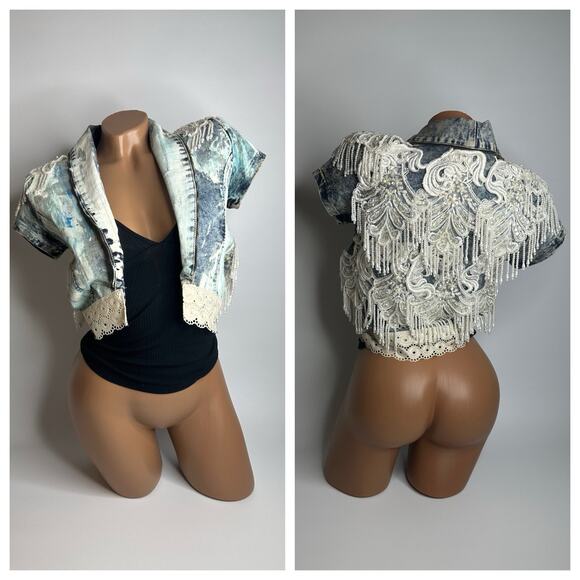 YMI Jackets & Blazers - YMI Beaded Pearl Painted Denim Jacket Coquette Western Glam Festival Size S USA